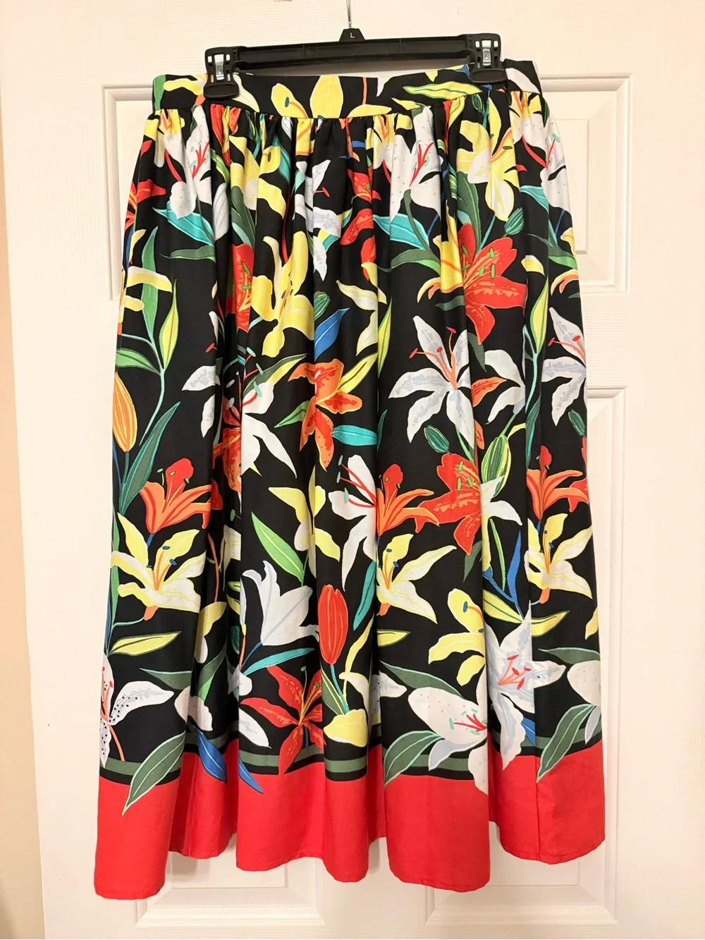 kate spade Black Floral A-Line Midi Skirt Summer Lilies Size L NWT